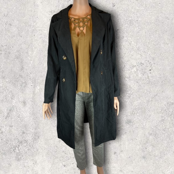 SHEIN Suede Double-Breasted Lightweight Long Coat, Black | S - Picture 3 of 16